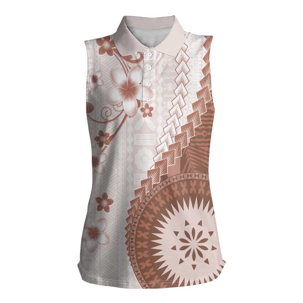 Bula Fiji Women Sleeveless Polo Shirt Brown Plumeria Masi Tapa Pattern - Polynesian Pride