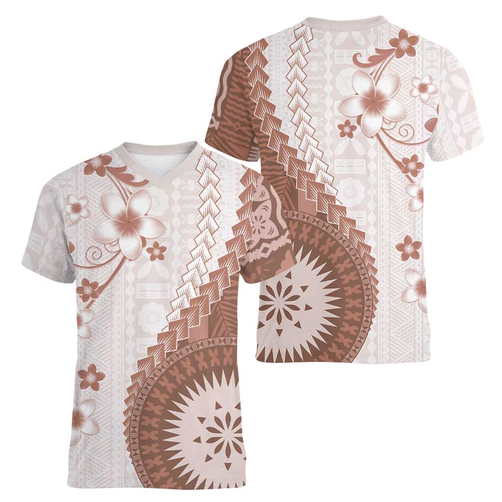 Bula Fiji Women V-Neck T-Shirt Brown Plumeria Masi Tapa Pattern - Polynesian Pride