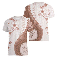 Bula Fiji Women V-Neck T-Shirt Brown Plumeria Masi Tapa Pattern - Polynesian Pride
