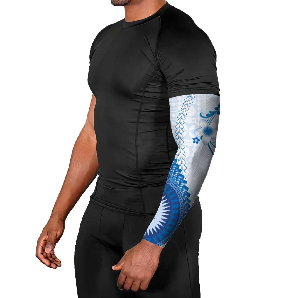 Bula Fiji Arm Sleeves Blue Plumeria Masi Tapa Pattern - Polynesian Pride