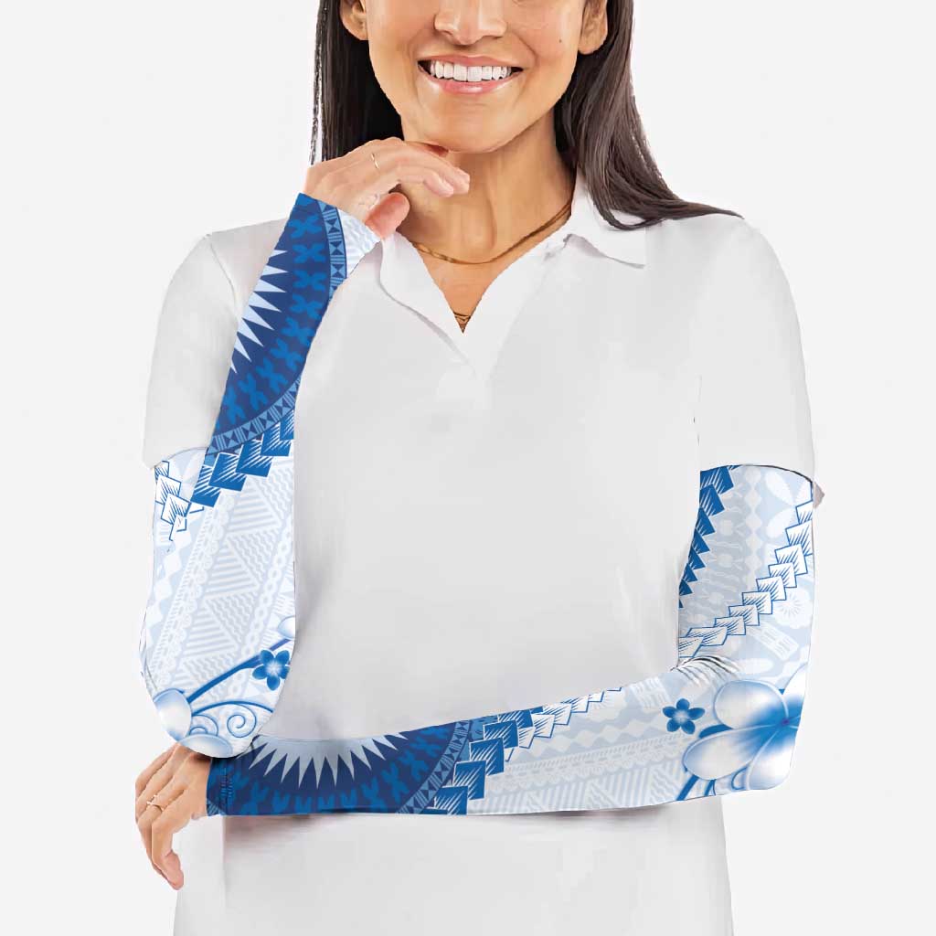 Bula Fiji Arm Sleeves Blue Plumeria Masi Tapa Pattern - Polynesian Pride