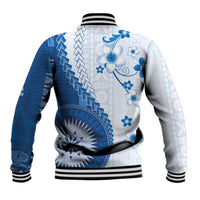 Bula Fiji Baseball Jacket Blue Plumeria Masi Tapa Pattern - Polynesian Pride
