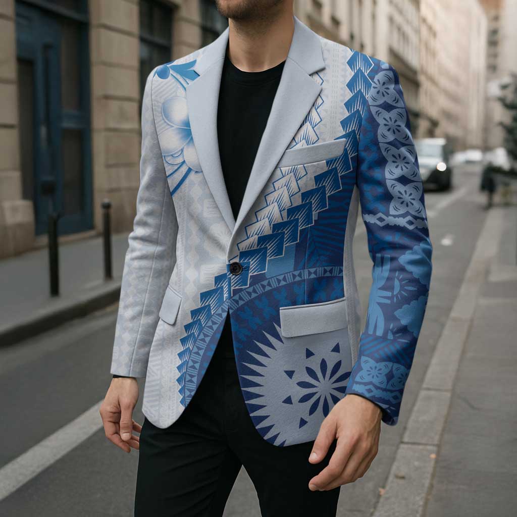 Bula Fiji Blazer Blue Plumeria Masi Tapa Pattern - Polynesian Pride