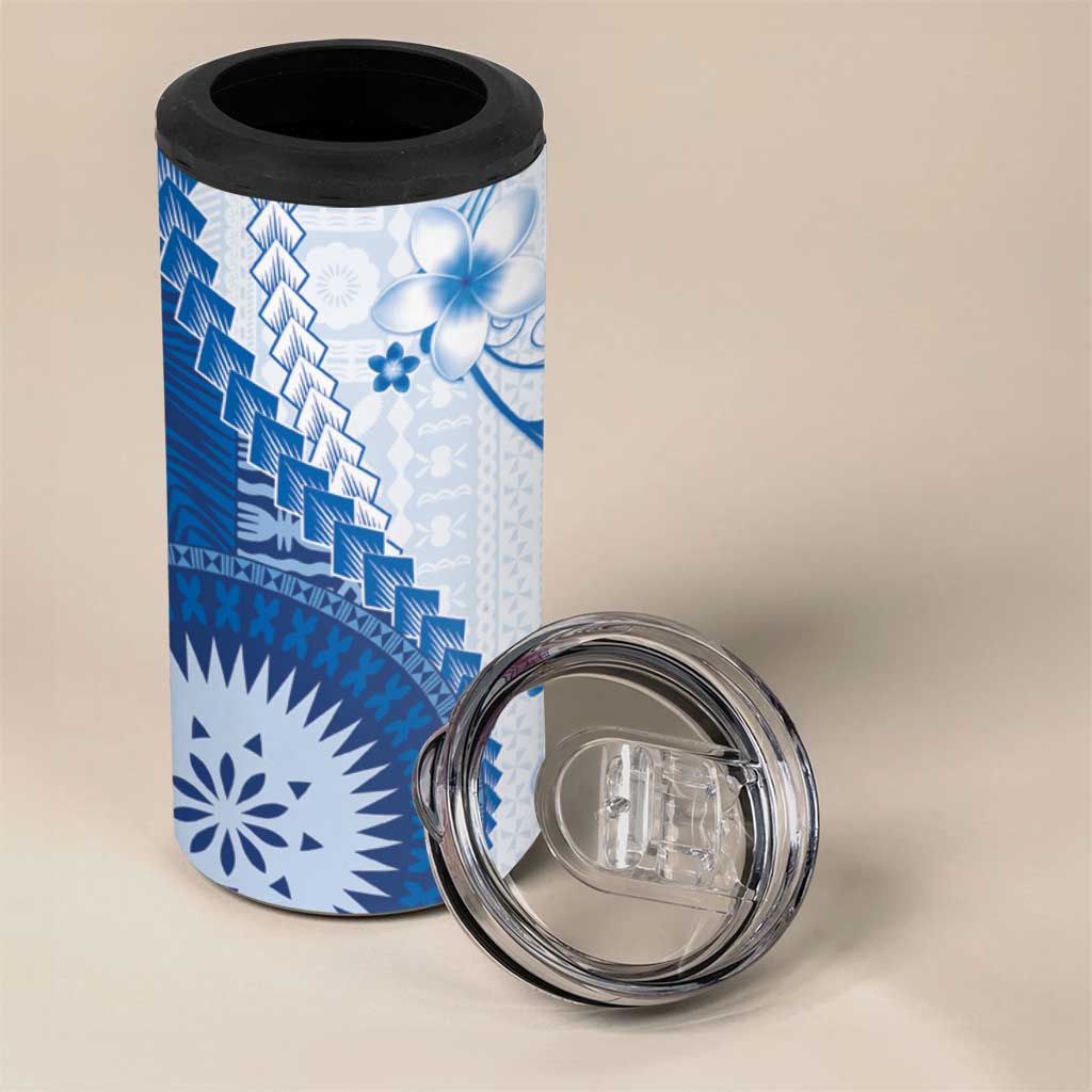 Bula Fiji 4 in 1 Can Cooler Tumbler Blue Plumeria Masi Tapa Pattern - Polynesian Pride