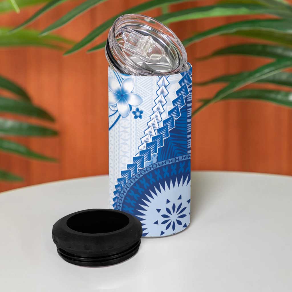 Bula Fiji 4 in 1 Can Cooler Tumbler Blue Plumeria Masi Tapa Pattern - Polynesian Pride
