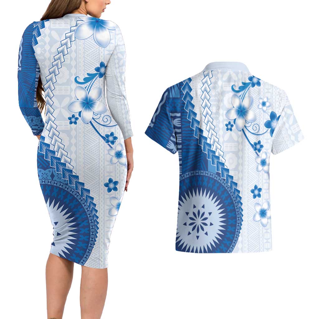 Bula Fiji Couples Matching Long Sleeve Bodycon Dress and Hawaiian Shirt Blue Plumeria Masi Tapa Pattern - Polynesian Pride