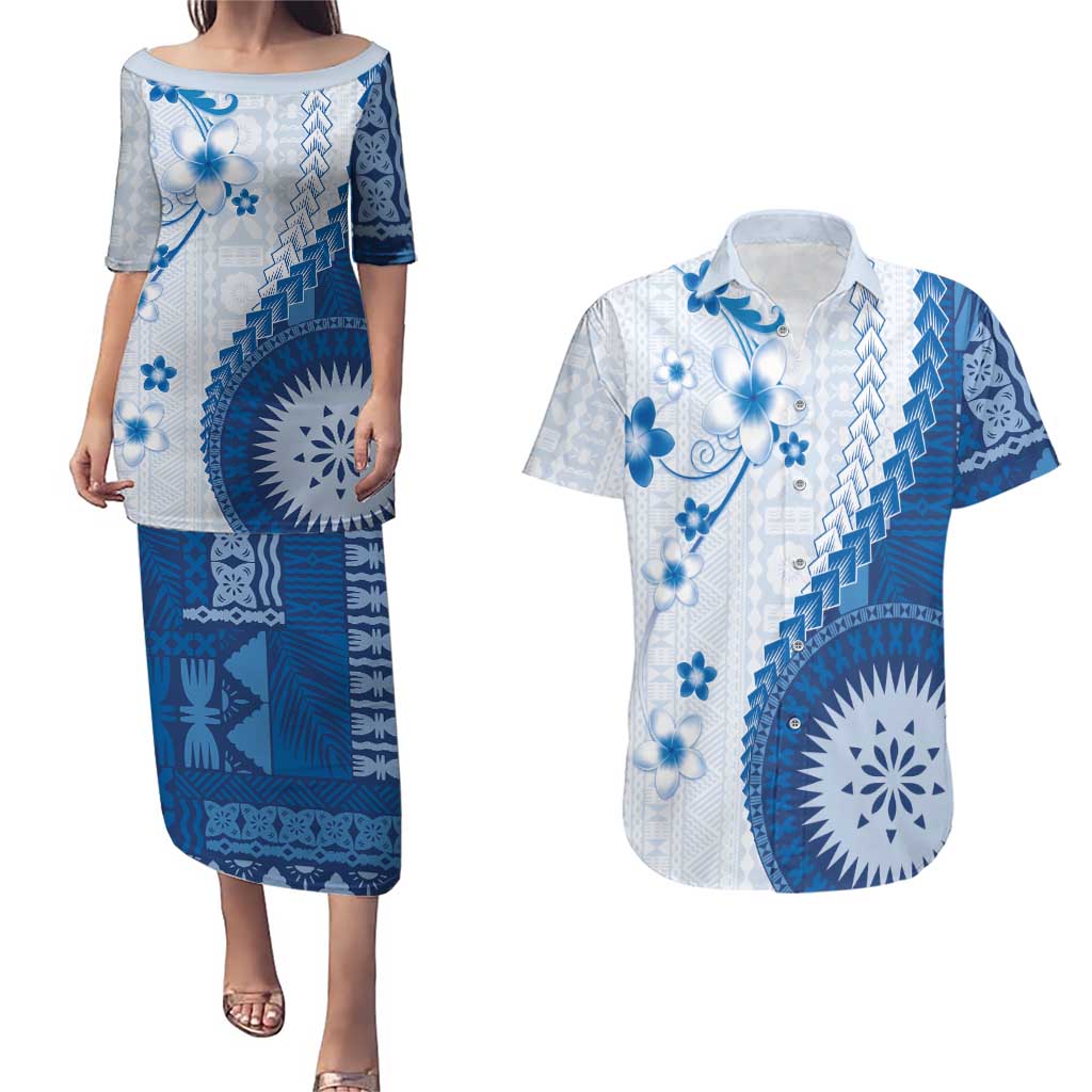 Bula Fiji Couples Matching Puletasi and Hawaiian Shirt Blue Plumeria Masi Tapa Pattern - Polynesian Pride