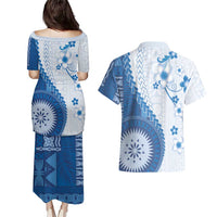 Bula Fiji Couples Matching Puletasi and Hawaiian Shirt Blue Plumeria Masi Tapa Pattern - Polynesian Pride