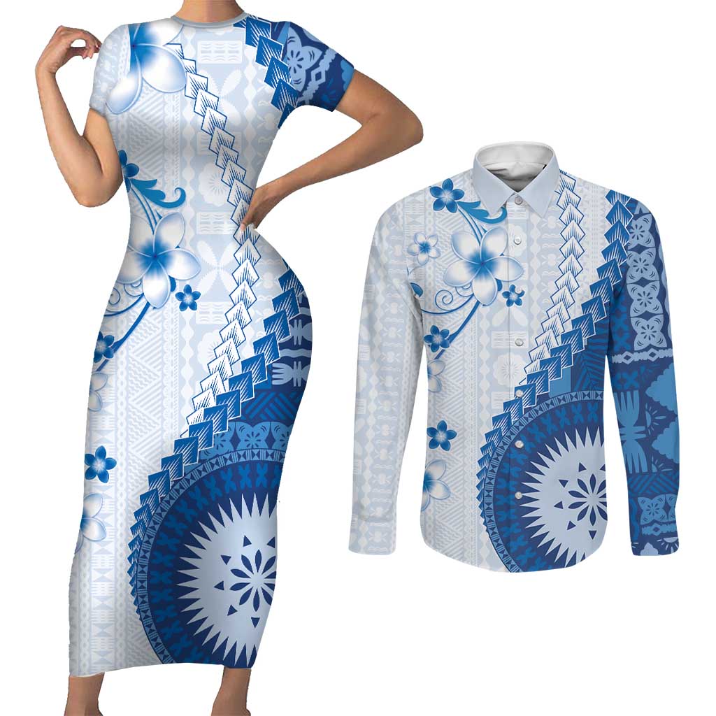 Bula Fiji Couples Matching Short Sleeve Bodycon Dress and Long Sleeve Button Shirt Blue Plumeria Masi Tapa Pattern - Polynesian Pride