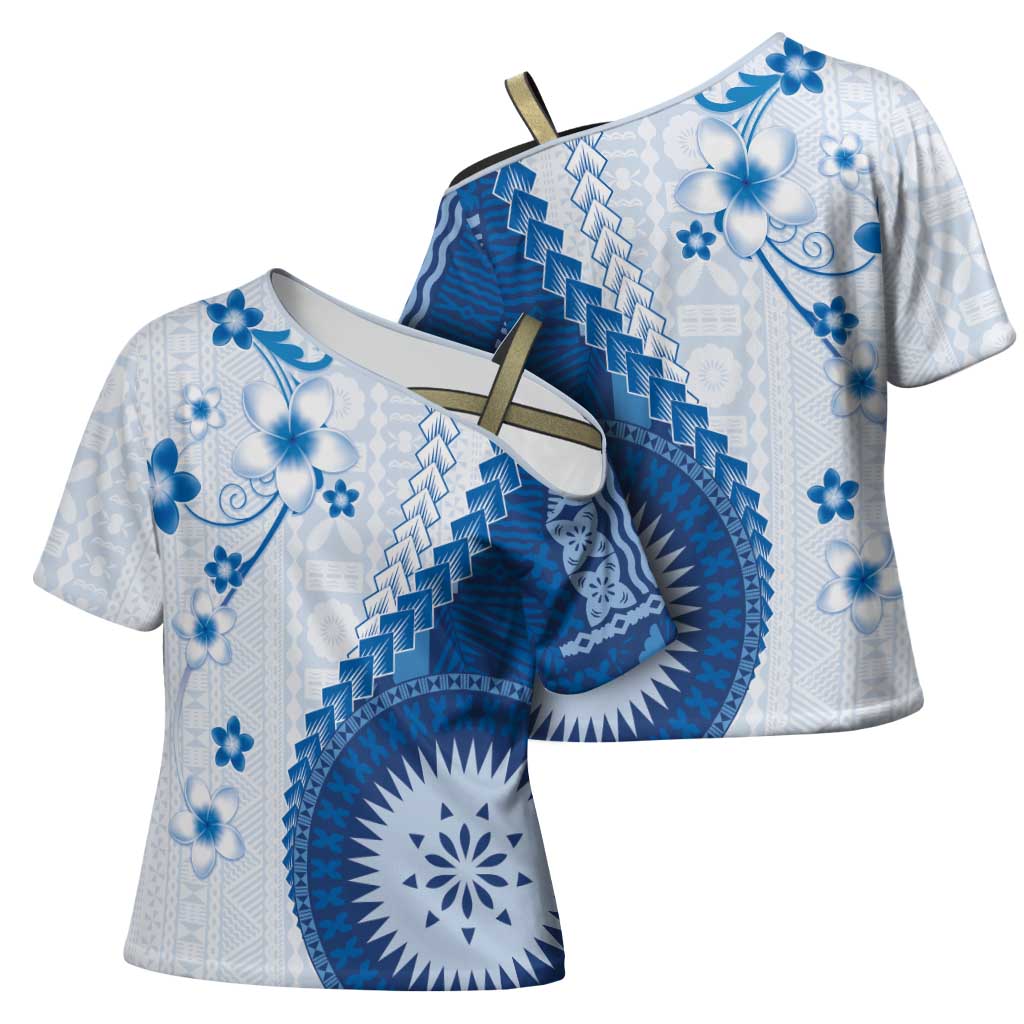 Bula Fiji Cross Shoulder Shirt Blue Plumeria Masi Tapa Pattern - Polynesian Pride