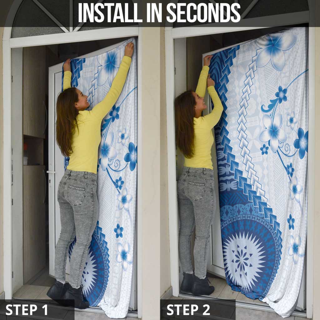 Bula Fiji Door Cover Blue Plumeria Masi Tapa Pattern - Polynesian Pride