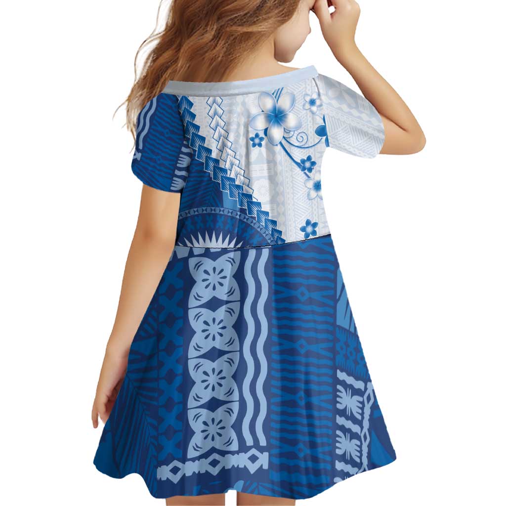 Bula Fiji Family Matching Long Sleeve Bodycon Dress and Hawaiian Shirt Blue Plumeria Masi Tapa Pattern LT05 - Polynesian Pride
