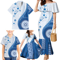 Bula Fiji Family Matching Mermaid Dress and Hawaiian Shirt Blue Plumeria Masi Tapa Pattern LT05 - Polynesian Pride