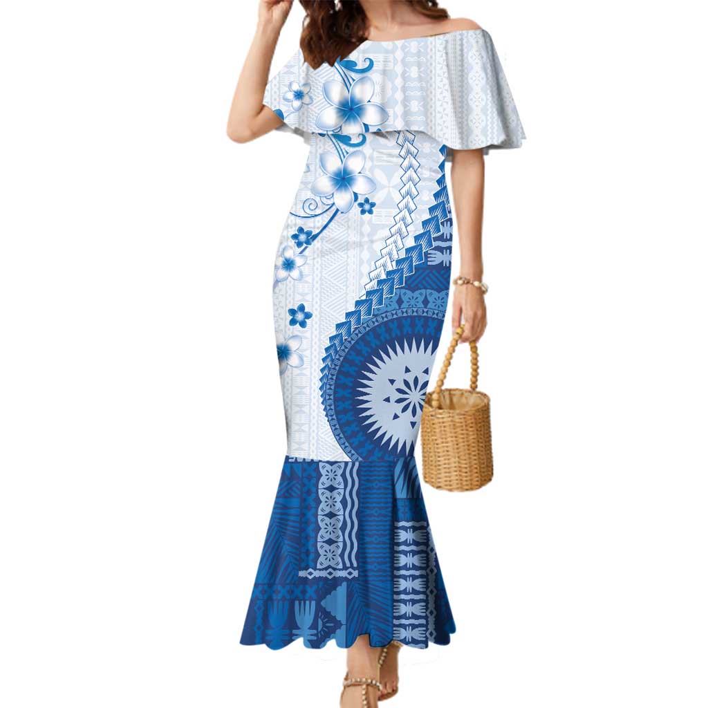 Bula Fiji Family Matching Mermaid Dress and Hawaiian Shirt Blue Plumeria Masi Tapa Pattern LT05 Mom's Dress Blue - Polynesian Pride