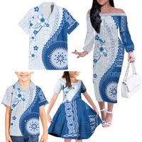 Bula Fiji Family Matching Off The Shoulder Long Sleeve Dress and Hawaiian Shirt Blue Plumeria Masi Tapa Pattern LT05 - Polynesian Pride