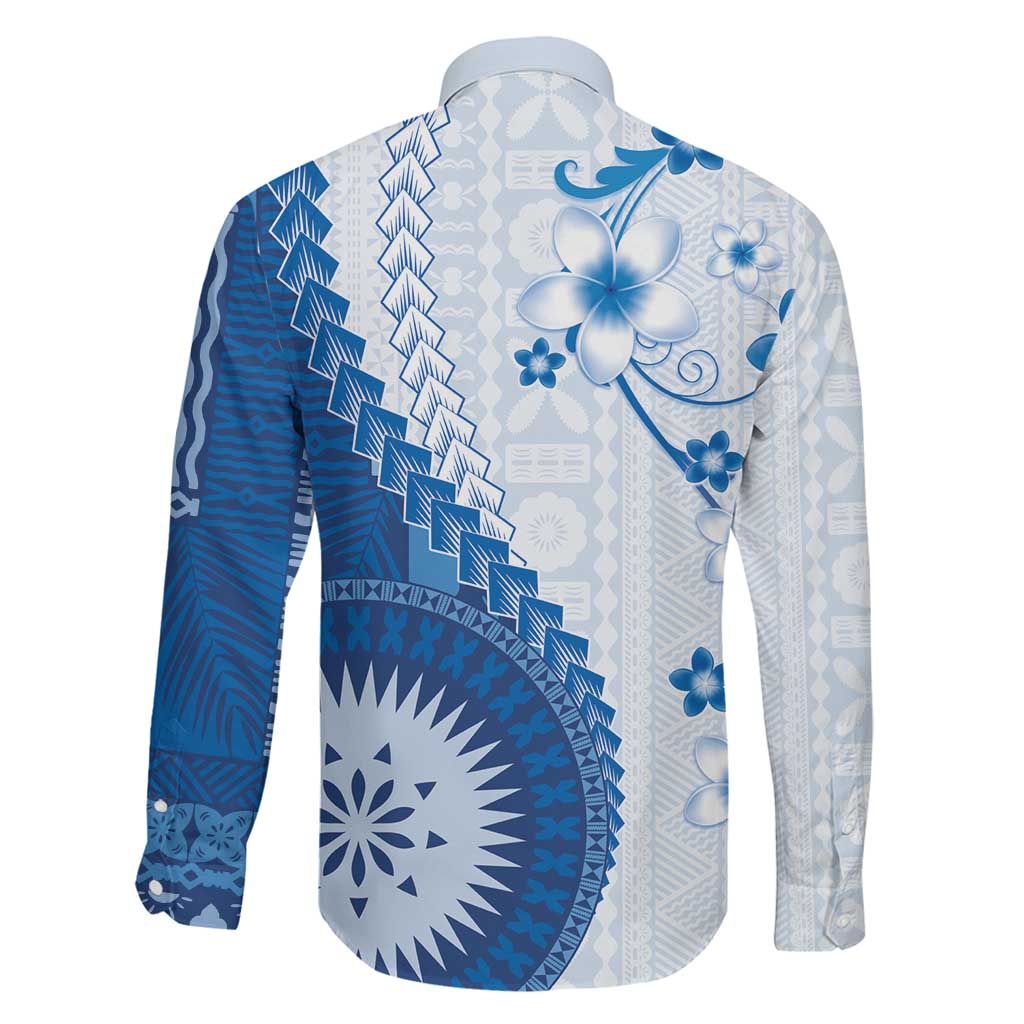 Bula Fiji Family Matching Off The Shoulder Long Sleeve Dress and Hawaiian Shirt Blue Plumeria Masi Tapa Pattern LT05 - Polynesian Pride