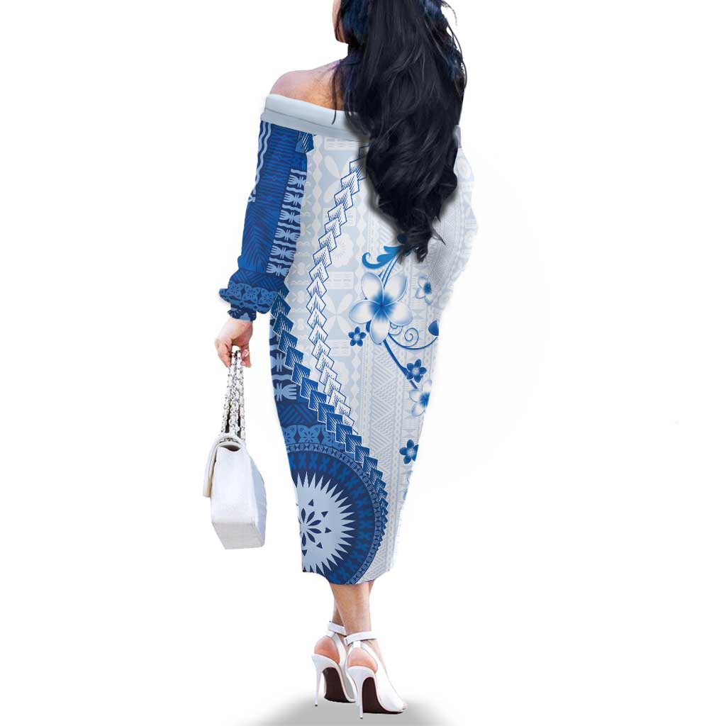 Bula Fiji Family Matching Off The Shoulder Long Sleeve Dress and Hawaiian Shirt Blue Plumeria Masi Tapa Pattern LT05 - Polynesian Pride