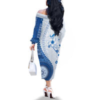 Bula Fiji Family Matching Off The Shoulder Long Sleeve Dress and Hawaiian Shirt Blue Plumeria Masi Tapa Pattern LT05 - Polynesian Pride