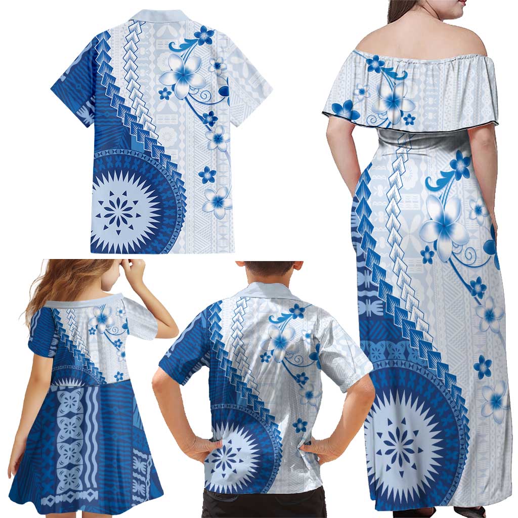 Bula Fiji Family Matching Off Shoulder Maxi Dress and Hawaiian Shirt Blue Plumeria Masi Tapa Pattern LT05 - Polynesian Pride