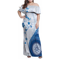 Bula Fiji Family Matching Off Shoulder Maxi Dress and Hawaiian Shirt Blue Plumeria Masi Tapa Pattern LT05 Mom's Dress Blue - Polynesian Pride
