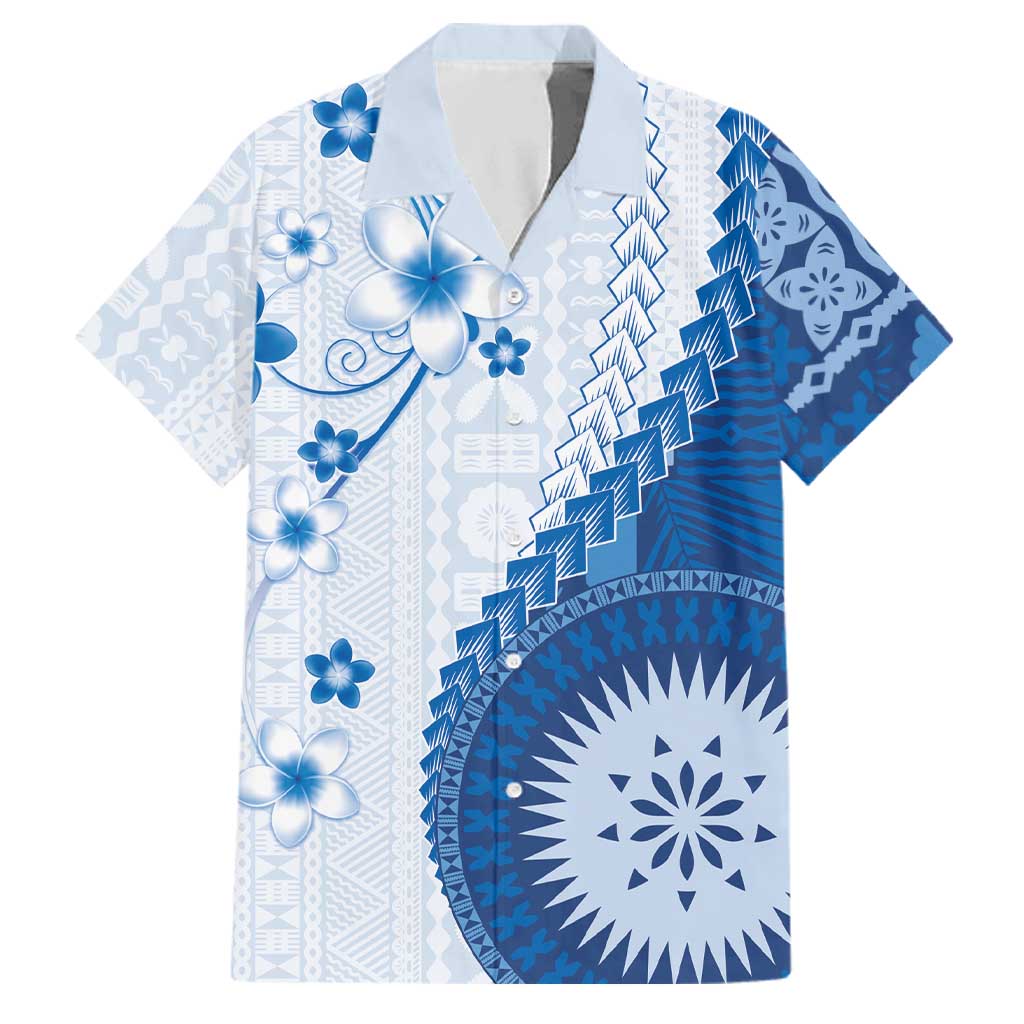 Bula Fiji Family Matching Off Shoulder Short Dress and Hawaiian Shirt Blue Plumeria Masi Tapa Pattern LT05 Dad's Shirt - Short Sleeve Blue - Polynesian Pride