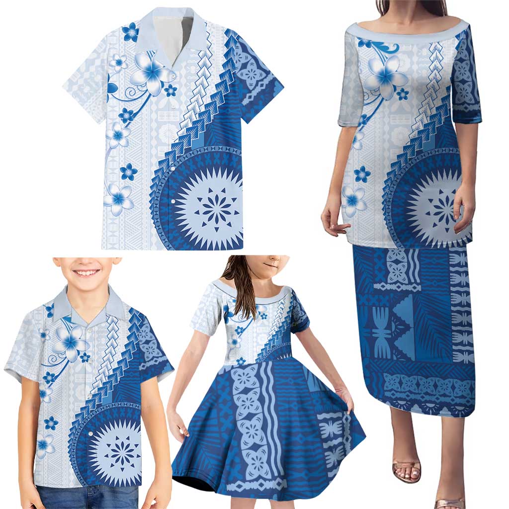 Bula Fiji Family Matching Puletasi and Hawaiian Shirt Blue Plumeria Masi Tapa Pattern - Polynesian Pride