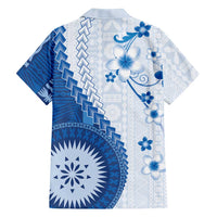 Bula Fiji Family Matching Puletasi and Hawaiian Shirt Blue Plumeria Masi Tapa Pattern - Polynesian Pride