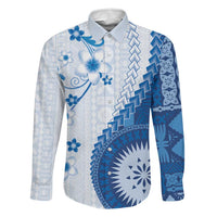 Bula Fiji Family Matching Puletasi and Hawaiian Shirt Blue Plumeria Masi Tapa Pattern - Polynesian Pride