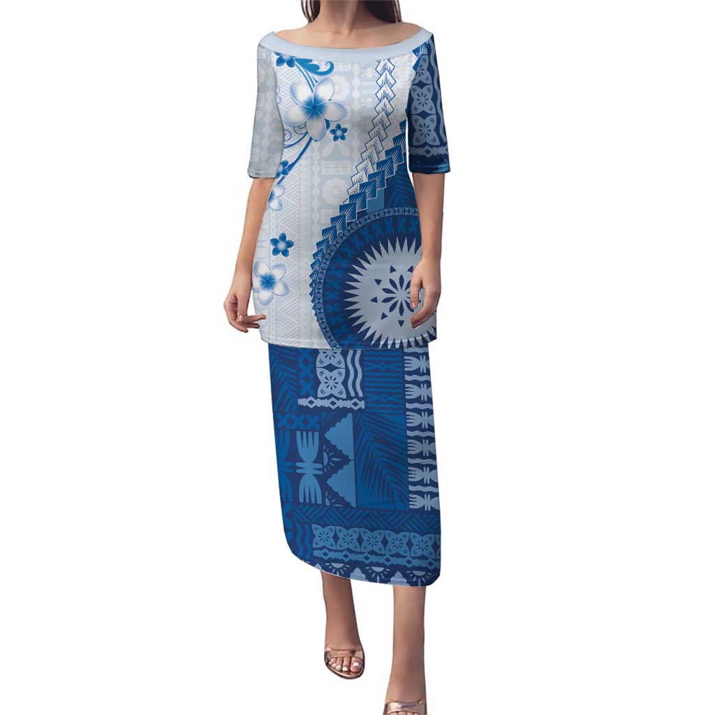 Bula Fiji Family Matching Puletasi and Hawaiian Shirt Blue Plumeria Masi Tapa Pattern - Polynesian Pride