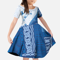 Bula Fiji Family Matching Short Sleeve Bodycon Dress and Hawaiian Shirt Blue Plumeria Masi Tapa Pattern LT05 Daughter's Dress Blue - Polynesian Pride