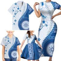 Bula Fiji Family Matching Short Sleeve Bodycon Dress and Hawaiian Shirt Blue Plumeria Masi Tapa Pattern LT05 - Polynesian Pride