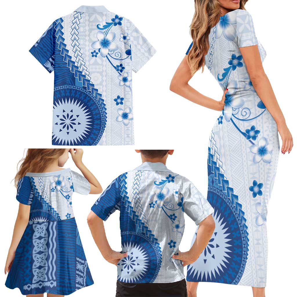 Bula Fiji Family Matching Short Sleeve Bodycon Dress and Hawaiian Shirt Blue Plumeria Masi Tapa Pattern LT05 - Polynesian Pride