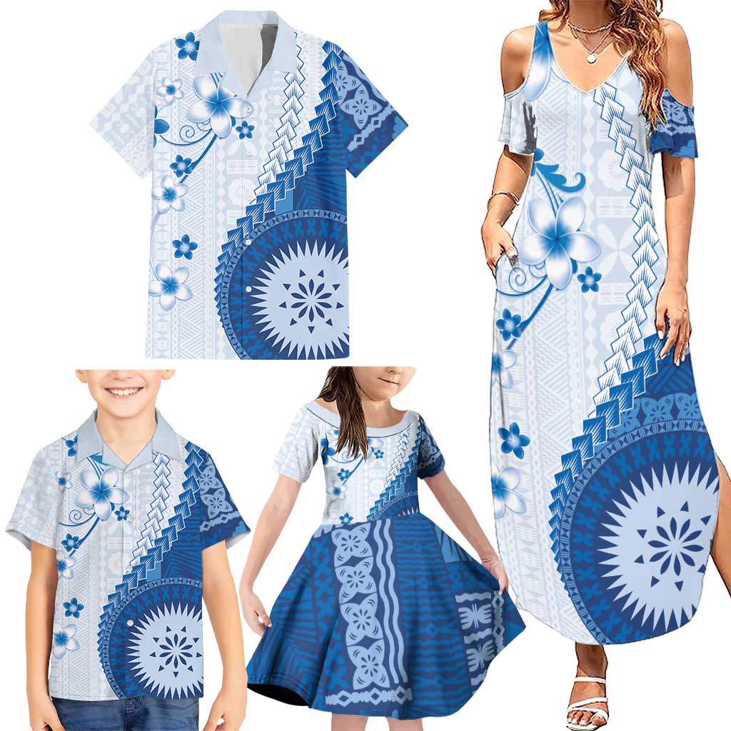 Bula Fiji Family Matching Summer Maxi Dress and Hawaiian Shirt Blue Plumeria Masi Tapa Pattern LT05 - Polynesian Pride