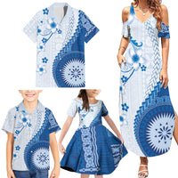 Bula Fiji Family Matching Summer Maxi Dress and Hawaiian Shirt Blue Plumeria Masi Tapa Pattern LT05 - Polynesian Pride