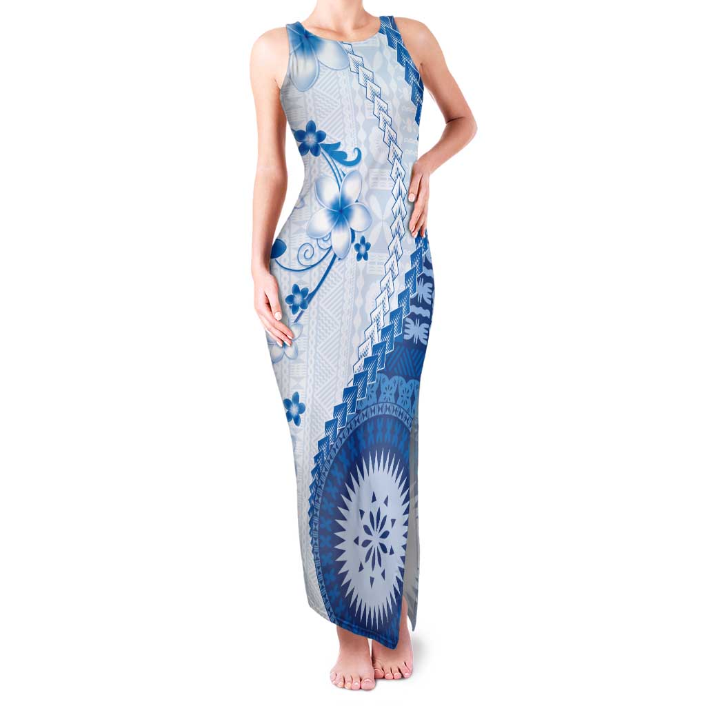 Bula Fiji Family Matching Tank Maxi Dress and Hawaiian Shirt Blue Plumeria Masi Tapa Pattern LT05 Mom's Dress Blue - Polynesian Pride