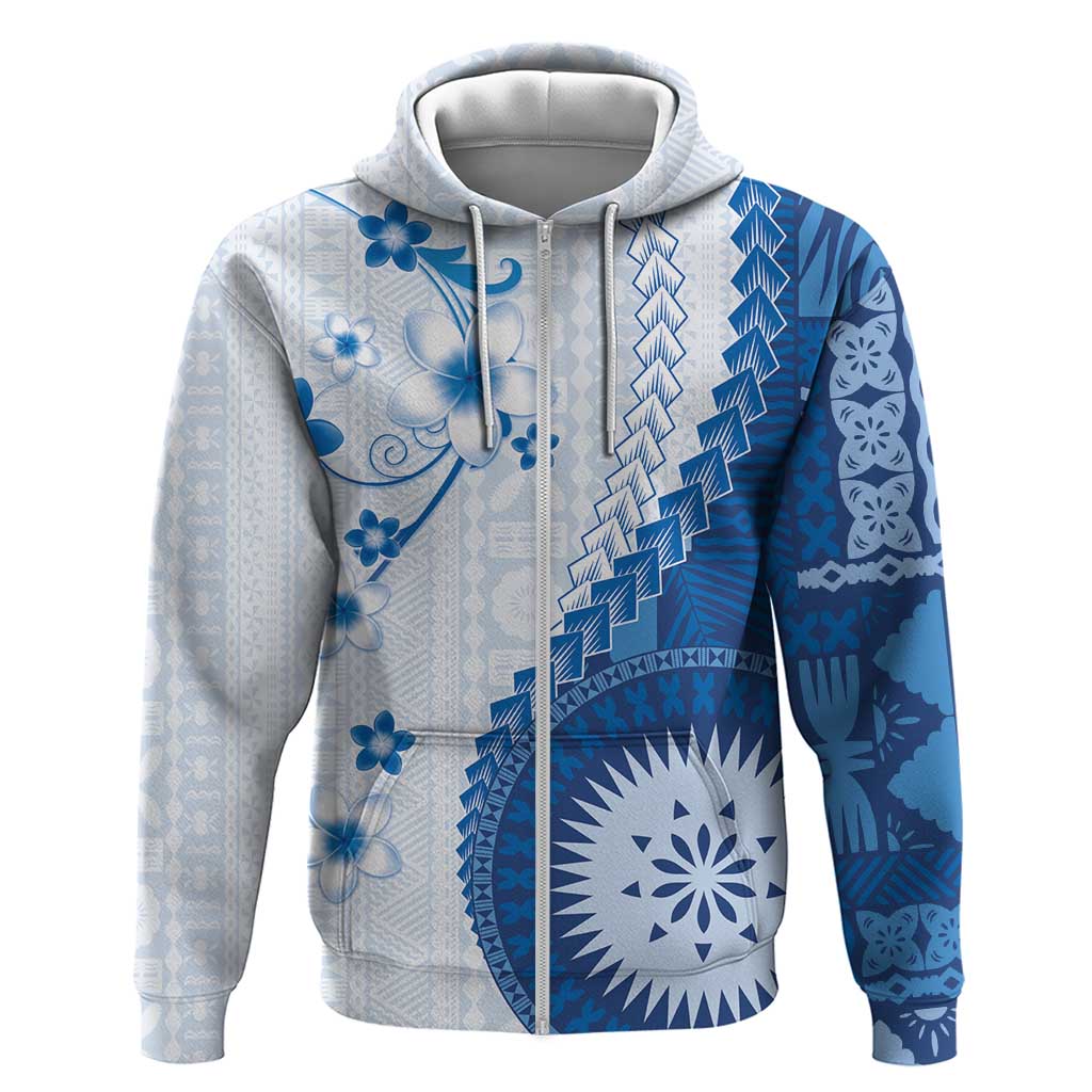 Bula Fiji Hoodie Blue Plumeria Masi Tapa Pattern - Polynesian Pride