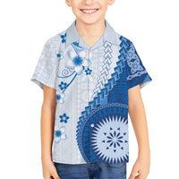 Bula Fiji Kid Hawaiian Shirt Blue Plumeria Masi Tapa Pattern - Polynesian Pride