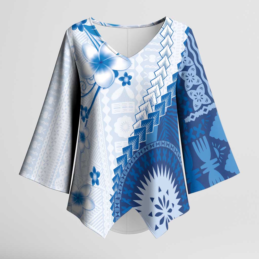 Bula Fiji Kimono Sleeve Blouse Blue Plumeria Masi Tapa Pattern - Polynesian Pride