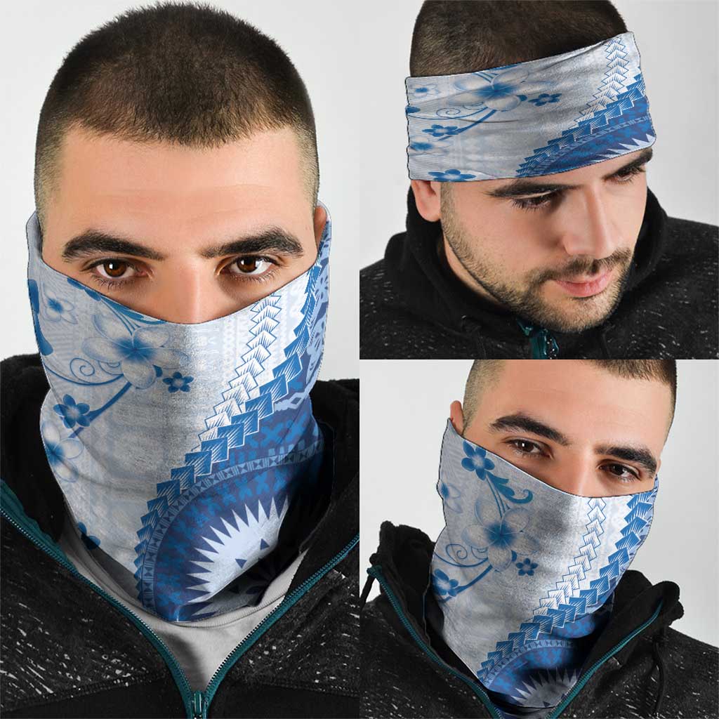 Bula Fiji Neck Gaiter Blue Plumeria Masi Tapa Pattern - Polynesian Pride