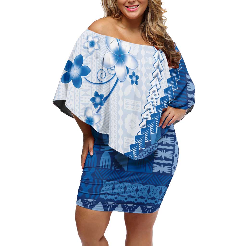 Bula Fiji Off Shoulder Short Dress Blue Plumeria Masi Tapa Pattern - Polynesian Pride