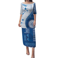 Bula Fiji Puletasi Blue Plumeria Masi Tapa Pattern - Polynesian Pride