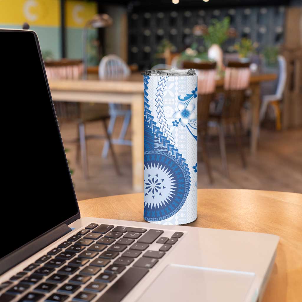 Bula Fiji Skinny Tumbler Blue Plumeria Masi Tapa Pattern - Polynesian Pride
