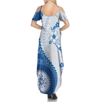 Bula Fiji Summer Maxi Dress Blue Plumeria Masi Tapa Pattern - Polynesian Pride