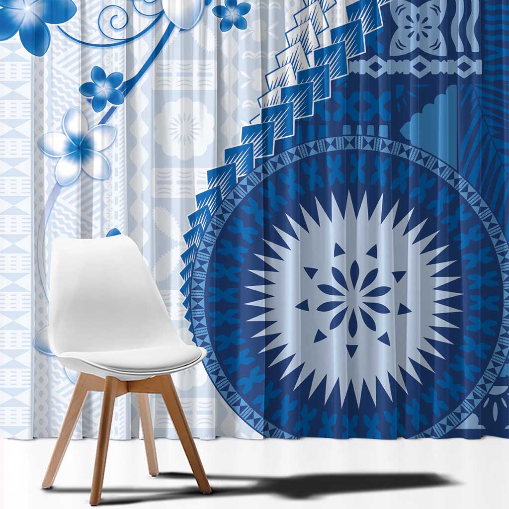 Bula Fiji Window Curtain Blue Plumeria Masi Tapa Pattern - Polynesian Pride