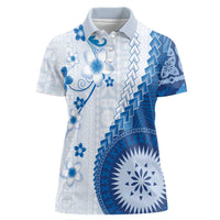 Bula Fiji Women Polo Shirt Blue Plumeria Masi Tapa Pattern - Polynesian Pride