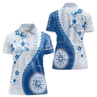 Bula Fiji Women Polo Shirt Blue Plumeria Masi Tapa Pattern - Polynesian Pride
