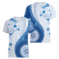 Bula Fiji Women V-Neck T-Shirt Blue Plumeria Masi Tapa Pattern - Polynesian Pride
