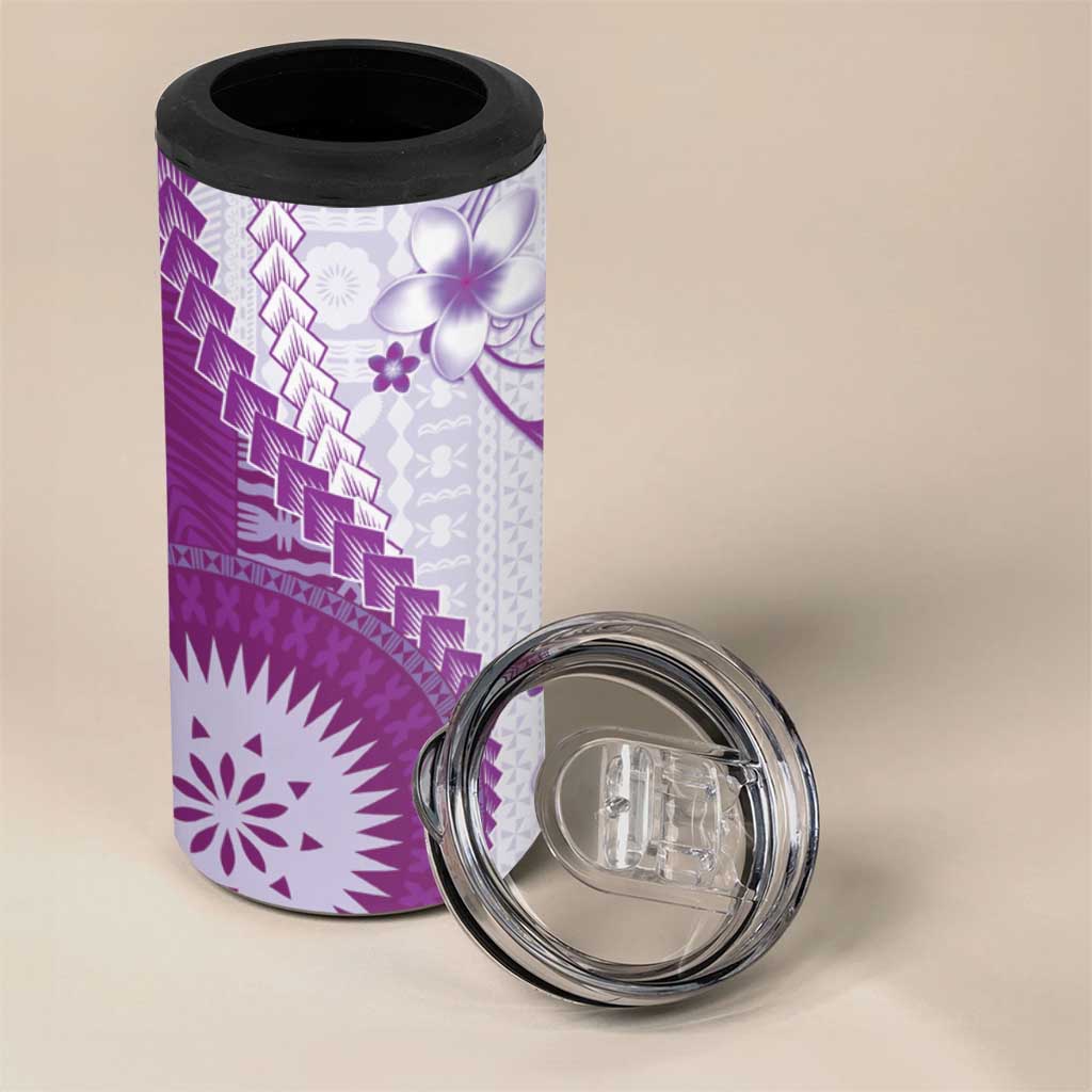 Bula Fiji 4 in 1 Can Cooler Tumbler Violet Plumeria Masi Tapa Pattern - Polynesian Pride