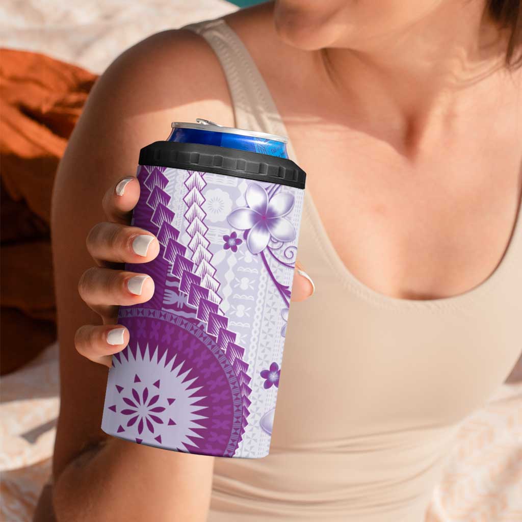 Bula Fiji 4 in 1 Can Cooler Tumbler Violet Plumeria Masi Tapa Pattern - Polynesian Pride
