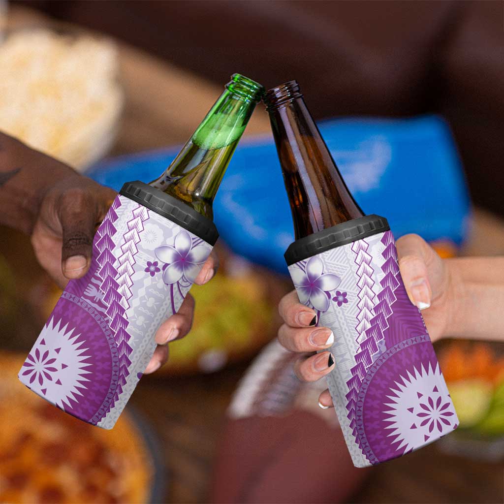 Bula Fiji 4 in 1 Can Cooler Tumbler Violet Plumeria Masi Tapa Pattern - Polynesian Pride